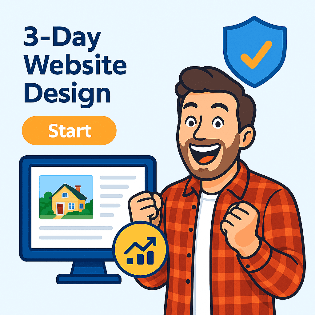 Excited man, 3-day website design promotion, start now.